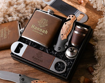 Leather flask and wood grain knife set, engraved and customizable, ideal as a gift for boyfriend, husband, groomsmen