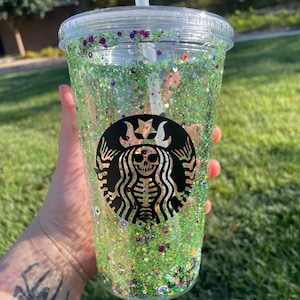 Halloween Snowglobe Tumbler| Starbucks Cup| Spooky| Glitter| Gifts| Green