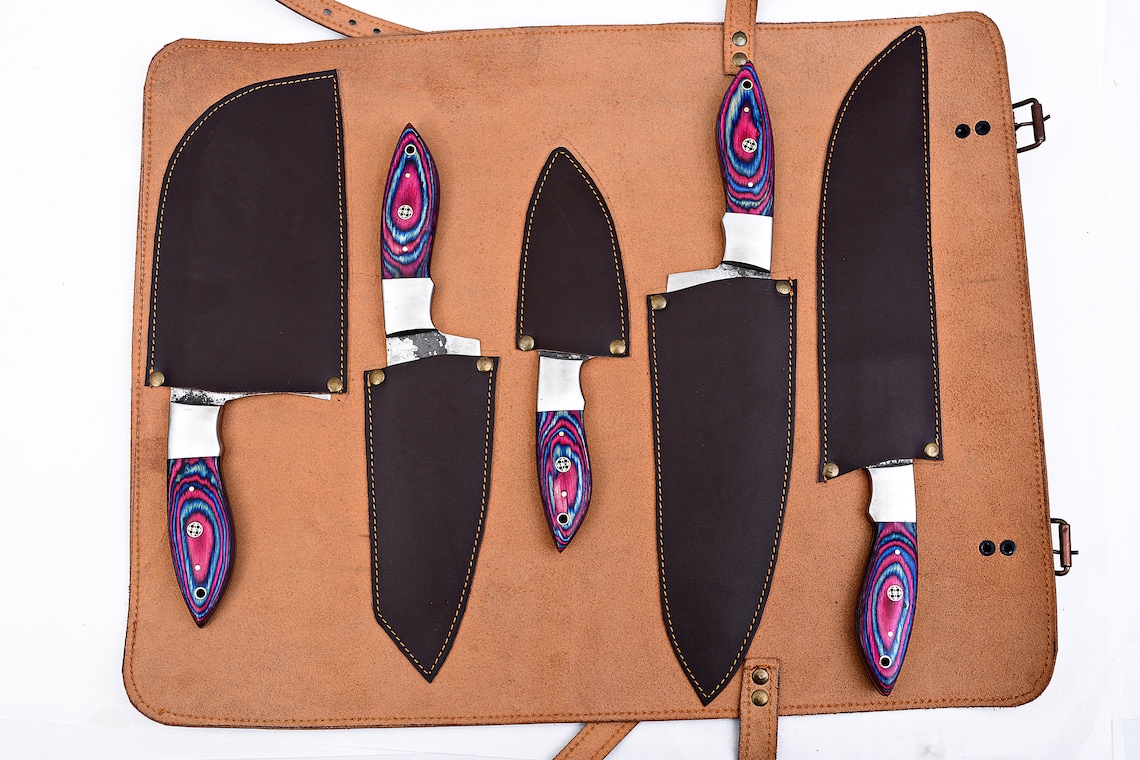 Chef Knives Set 5 Pcs . Leather Bag Hand Crafted High Etsy