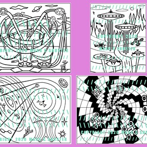 Puede incluir: Cuatro ilustraciones en blanco y negro de escenas futuristas. La primera imagen muestra una montaña rusa con platillos voladores. La segunda imagen muestra una ciudad futurista con platillos voladores. La tercera imagen muestra una espiral con platillos voladores. La cuarta imagen muestra una espiral con platillos voladores.