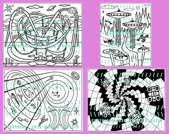 4 Sci-Fi Coloring Pages jpeg pdf files - UFO Roller Coaster, Meteor Strato Towers, Outer Space Travel, & Flying Car Drones