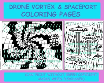 Drone Vortex and Spaceport Coloring Pages jpeg pdf file - Drones in a geometric 3-D spiral.  Based on 60's trippy sci-fi fantasy Op-art