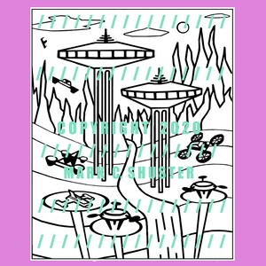 UFO Roller Coaster and Spaceport Coloring Pages jpeg pdf file, theme park ride, a 3-D sci-fi Saturn space fantasy amusement ride image 3