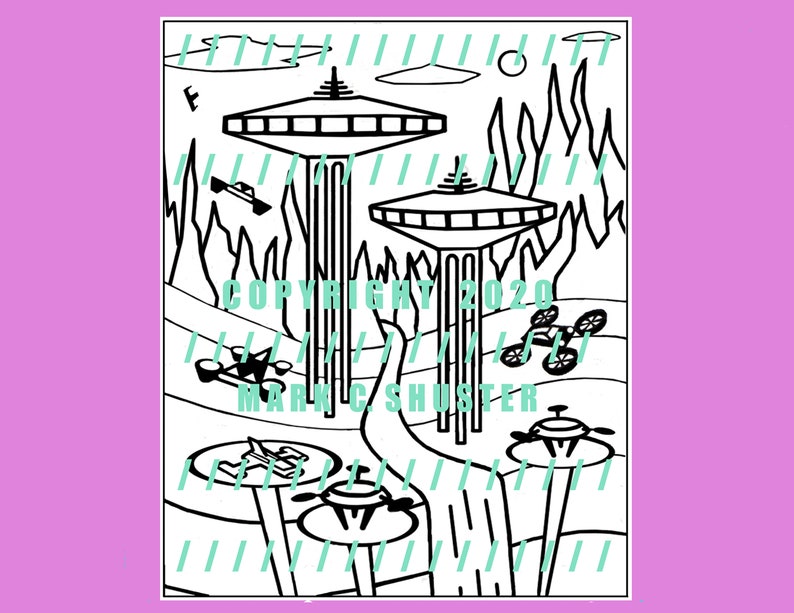 UFO Roller Coaster and Spaceport Coloring Pages jpeg pdf file, theme park ride, a 3-D sci-fi Saturn space fantasy amusement ride image 3