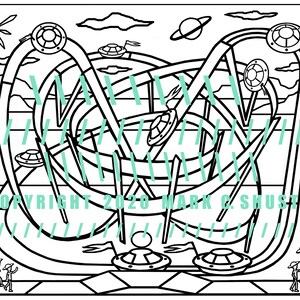 UFO Roller Coaster and Spaceport Coloring Pages jpeg pdf file, theme park ride, a 3-D sci-fi Saturn space fantasy amusement ride image 2