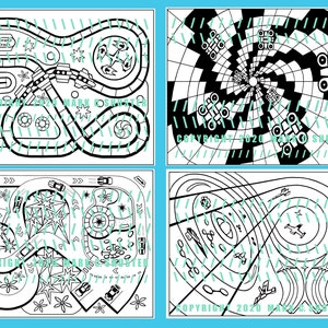 May include: Black and white coloring page featuring four different designs. The designs include a race track, a spiral with geometric shapes, a galaxy with stars, and a space scene with planets and stars.