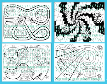 4 Kids Coloring Pages jpeg pdf files - Theme park roller coaster, Flying car drones, Raceway cars, and Outer space travel
