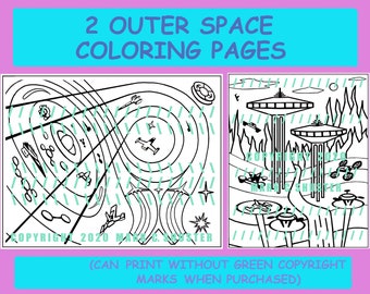 2 Outer Space Coloring Pages jpeg pdf files - Space Travel Art, 3-D Sci-Fi fantasy geometric galaxy, with Saturn, spaceships and stars