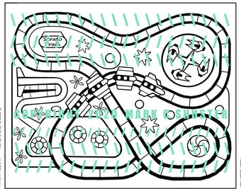 Meteor Train + Auto Race Coloring Pages jpeg pdf File - Theme Park Roller Coaster Train, amusement ride and Car Raceway