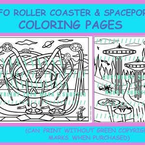 UFO Roller Coaster and Spaceport Coloring Pages jpeg pdf file, theme park ride, a 3-D sci-fi Saturn space fantasy amusement ride image 1
