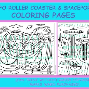 UFO Roller Coaster and Spaceport Coloring Pages jpeg pdf file, theme park ride, a 3-D sci-fi Saturn space fantasy amusement ride image 1