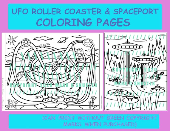 UFO Roller Coaster and Spaceport Coloring Pages Jpeg Pdf