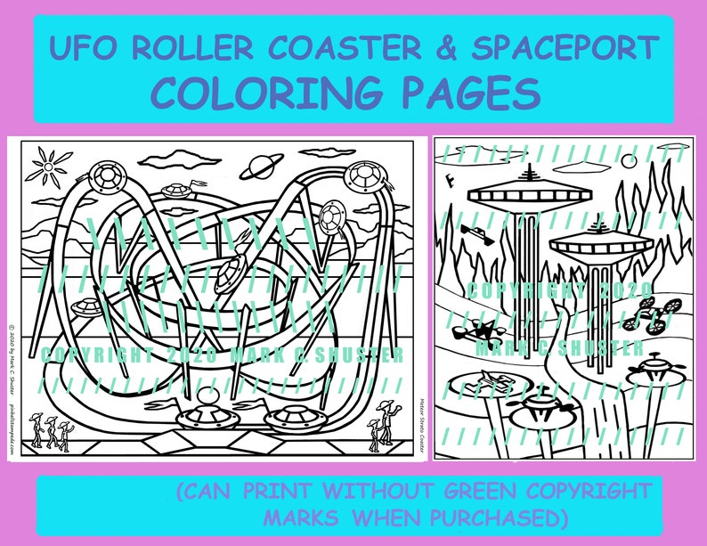 UFO Roller Coaster and Spaceport Coloring Pages jpeg pdf file, theme park ride, a 3-D sci-fi Saturn space fantasy amusement ride image 1