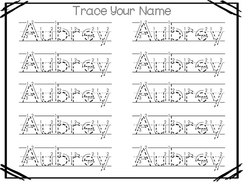 printable specific child name tracing worksheets aubrey etsy