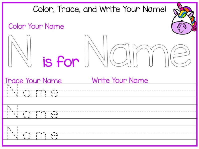 20 CUSTOM Unicorn Themed First Name No Prep Non-Editable SINGLE Name Tracing Worksheets and Activities PDF file emailed after purchase.