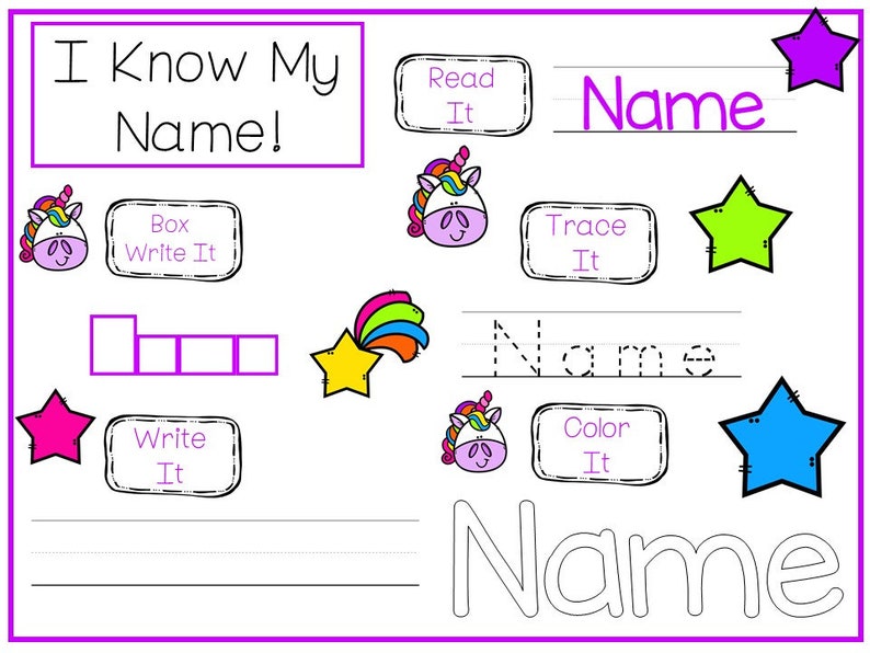20 CUSTOM Unicorn Themed First Name No Prep Non-Editable SINGLE Name Tracing Worksheets and Activities PDF file emailed after purchase.