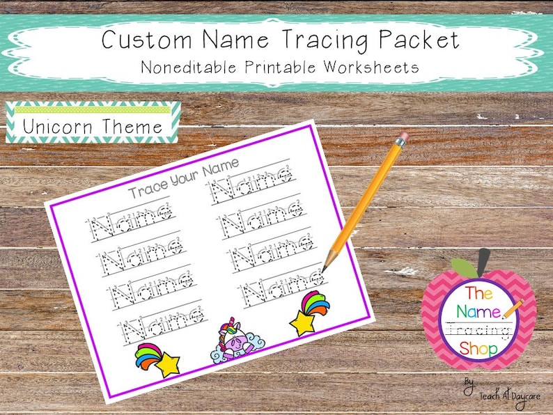 20 CUSTOM Unicorn Themed First Name No Prep Non-Editable SINGLE Name Tracing Worksheets and Activities PDF file emailed after purchase.