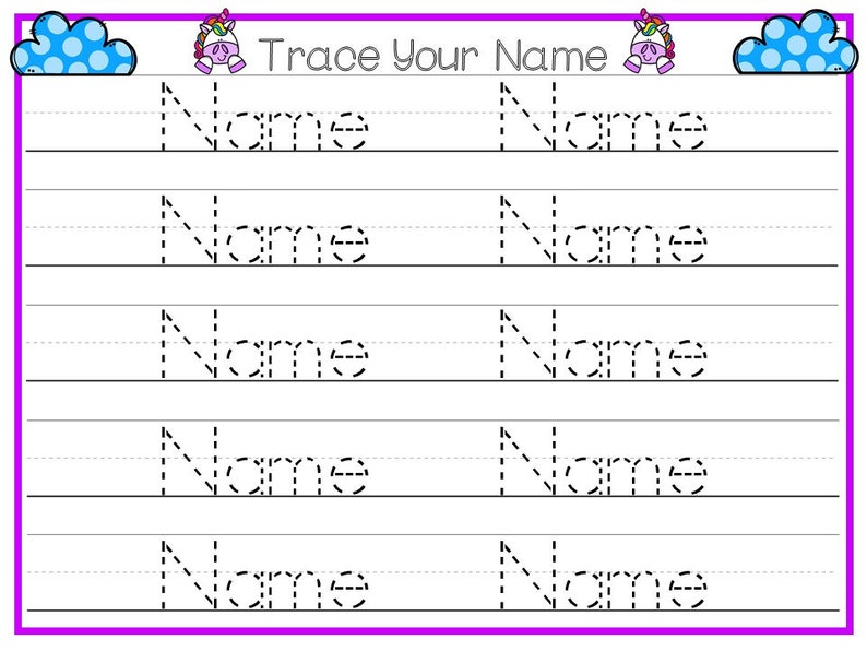 20 CUSTOM Unicorn Themed First Name No Prep Non-Editable SINGLE Name Tracing Worksheets and Activities PDF file emailed after purchase.