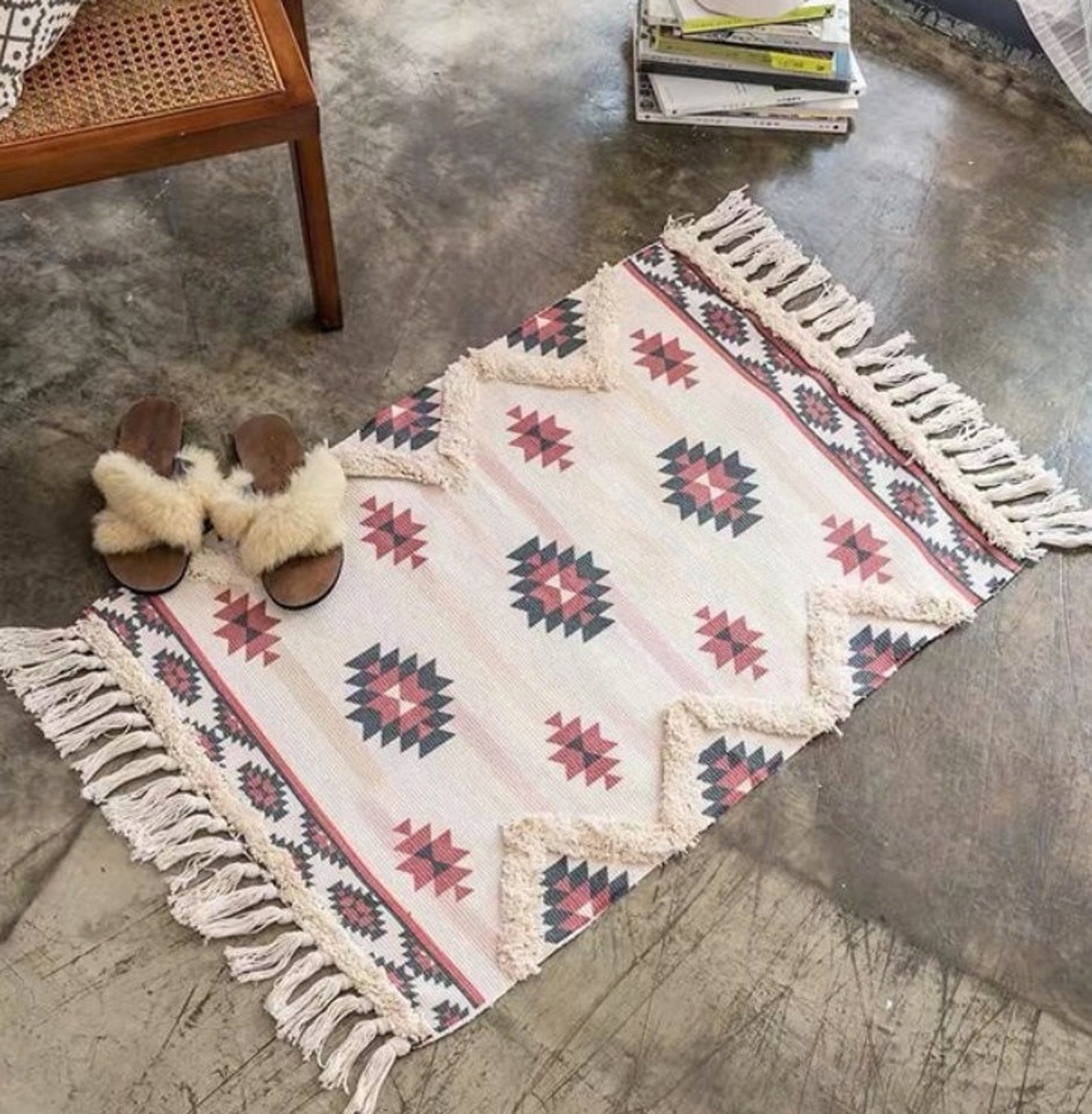 Beautiful Fringed Rug Boho Decor Rectangle Tassel Mat Etsy