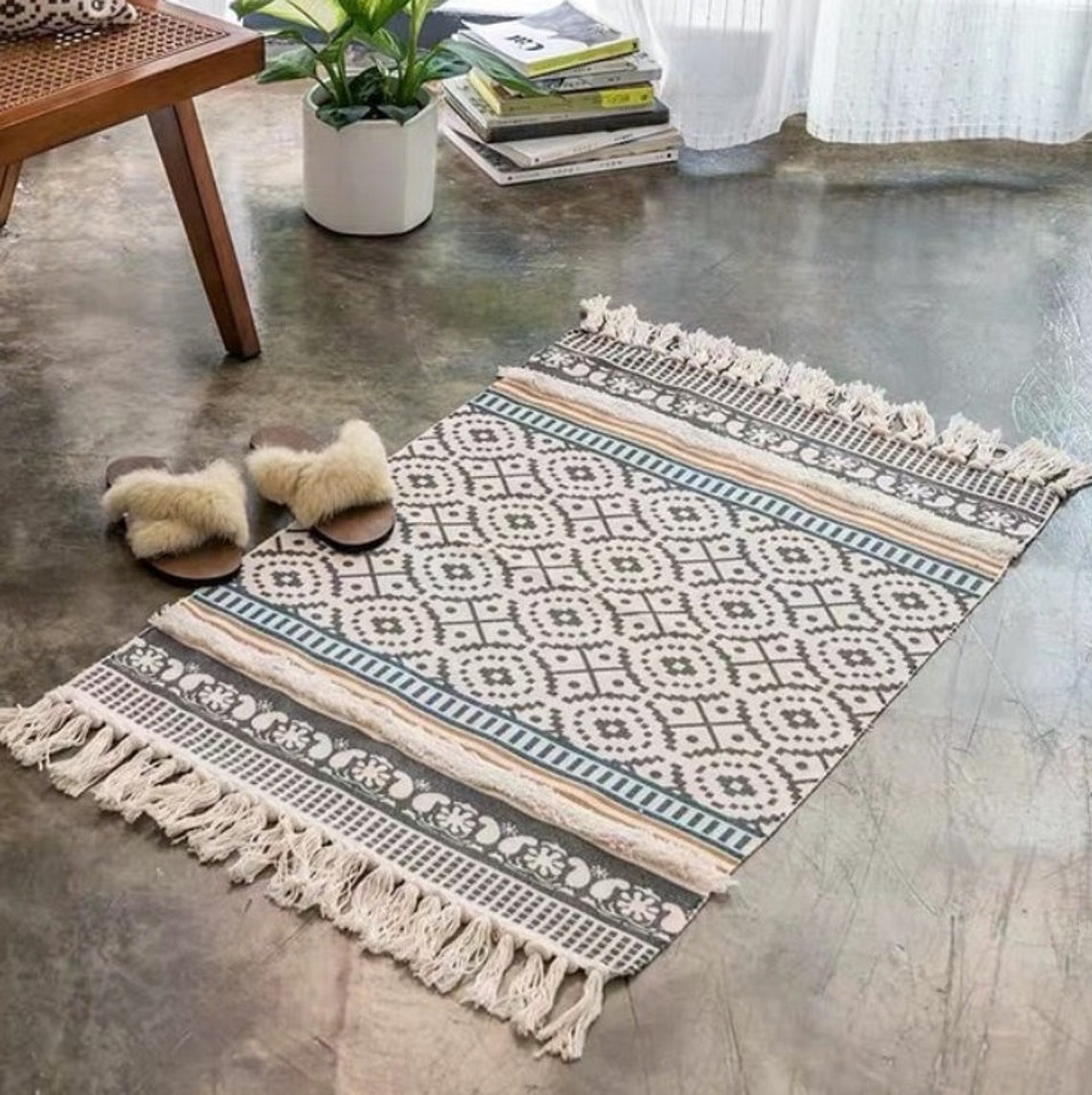 Beautiful Fringed Rug Boho Decor Rectangle Tassel Mat Etsy