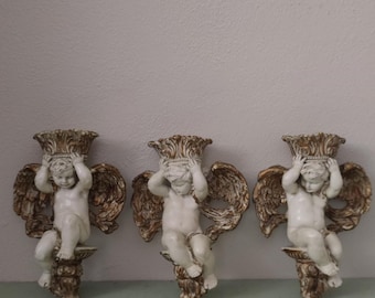 Cherub Angels Wall Sconces Candle Holders Set of Three Fleur De Lis
