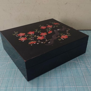 Japanese Black Lacquered Wood Box with Spring Plum Tree Flowers in Full Bloom Textile Lined
