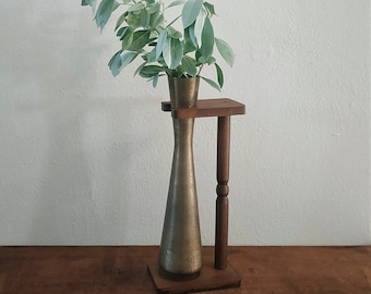 Mid Century Brass and Wood Propagation Vase Vintage India Hand Hammered Bud Vase
