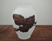 Art Nouveau Frosted White Glass Vase Copper Overlay