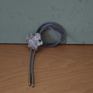 May include: A silver and white fish-shaped bolo tie with a blue eye and gray braided cord. The tie has silver-colored metal tips and is displayed on a wooden surface against a teal-colored background.