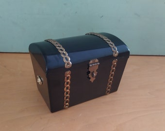 Vintage Playhouse Children's Black Casket Treasure Trunk Box Pirate Gold Treasure