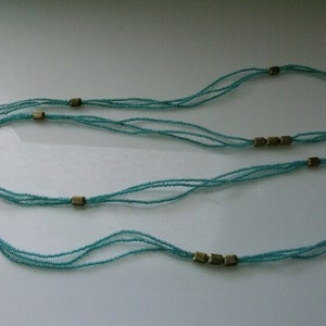 Vintage 50's Beaded Turquoise and Gold Color Three Strand Necklace 30 Long image 3