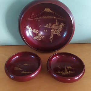 Japan Red Lacquer Wood Bowl Set Mount Fuji
