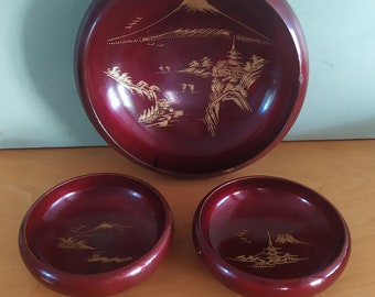 Japan Red Lacquer Wood Bowl Set Mount Fuji