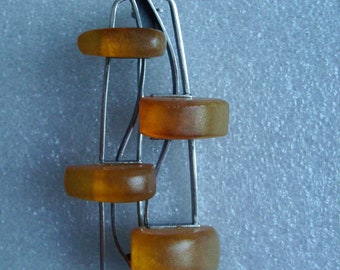 Vintage Russian Art Deco Silver Honey Amber Butterscotch Brooch/Pin Baltic Amber