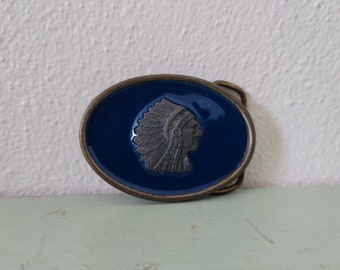 Vintage Indian Chief Head Enamel and Brass Belt Buckle Iroquois Indian Chief