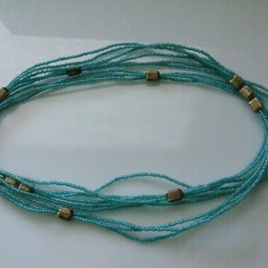 Vintage 50's Beaded Turquoise and Gold Color Three Strand Necklace 30 Long image 9