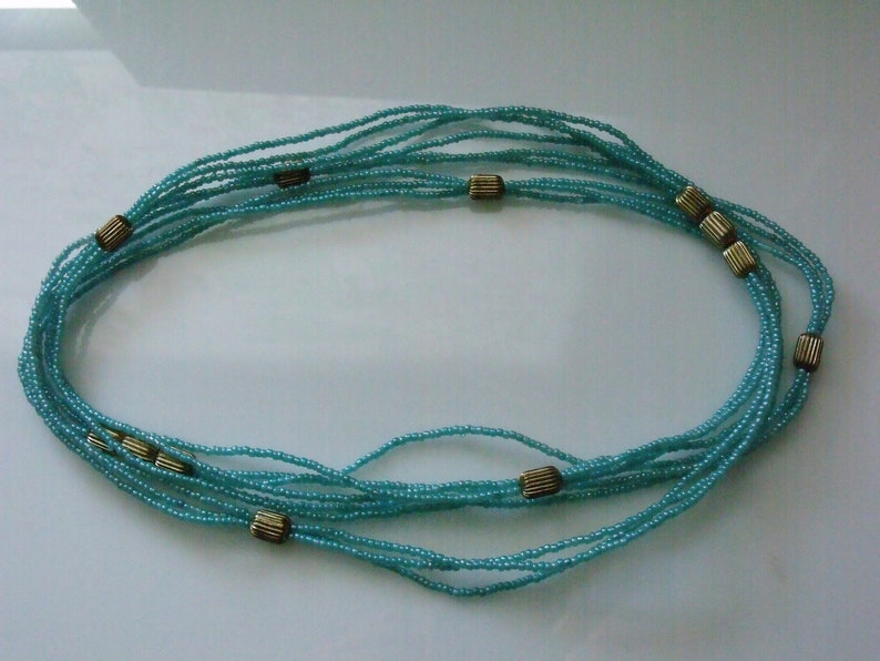 Vintage 50's Beaded Turquoise and Gold Color Three Strand Necklace 30 Long image 9