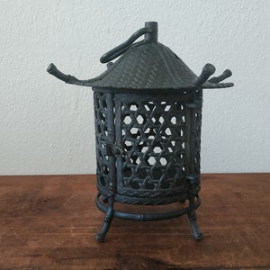 Antique Japanese Bronze Hanging Garden Lantern/Bronze Cage for Crickets Bamboo Hut
