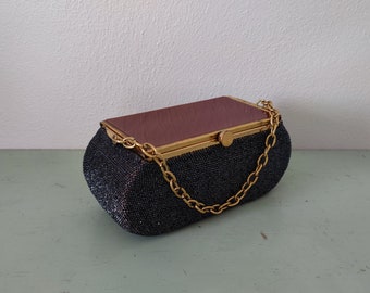 1940’s Black Beaded Box Purse Brass Lined Bakelite Mirrored Top Brass Chain Handle