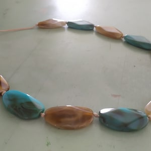 1960’s Faux Large Beads Gemstone Necklace Turquoise Tan and Brown Flat Beads