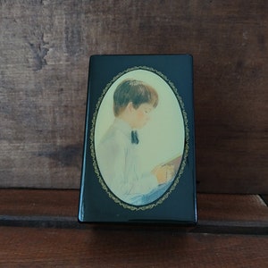 Musical Prayer Box for Rosary Black Lacquer / Vintage Black Lacquer Boys Rosary Box