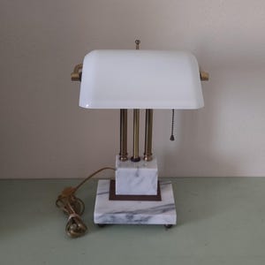 Library Lamp Bankers Desk Lamp Brass with White Marble Base Brass Footed and White Glass Shade