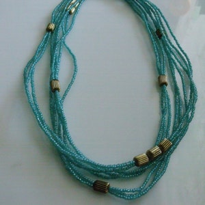 Vintage 50's Beaded Turquoise and Gold Color Three Strand Necklace 30 Long image 8