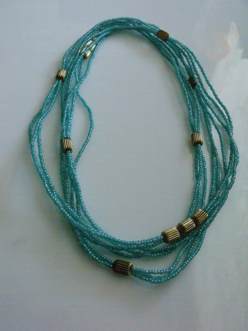 Vintage 50's Beaded Turquoise and Gold Color Three Strand Necklace 30 Long image 8
