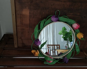 French Country Floral Mirror / Vintage Floral Wall Mirror Round Metal Floral Frame
