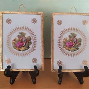 Large Limoges Porcelain Brass Framed  Plaques Fragonard Gilded Frame Decorative Wall Tiles