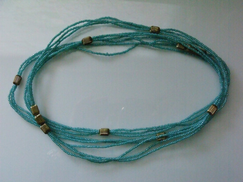 Vintage 50's Beaded Turquoise and Gold Color Three Strand Necklace 30 Long image 7