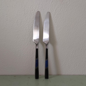 May include: Two silver butter knives with black and blue handles.