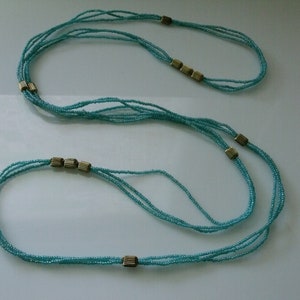Vintage 50's Beaded Turquoise and Gold Color Three Strand Necklace 30 Long image 2