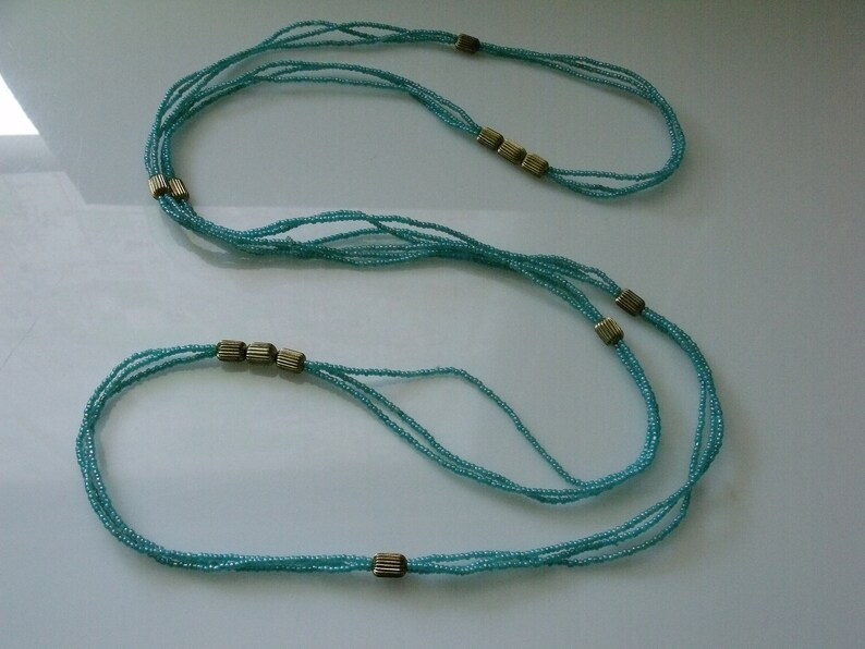 Vintage 50's Beaded Turquoise and Gold Color Three Strand Necklace 30 Long image 2